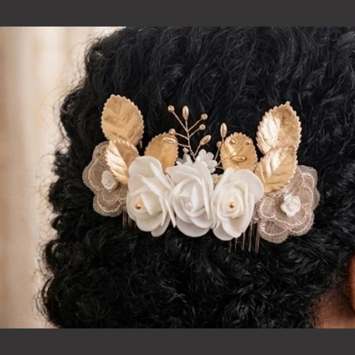 Peigne de Mariage Artisanal Fleurs Feuilles Dorées