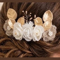 Peigne de Mariage Artisanal Fleurs Feuilles Dorées