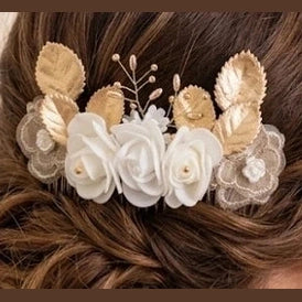 Peigne de Mariage Artisanal Fleurs Feuilles Dorées