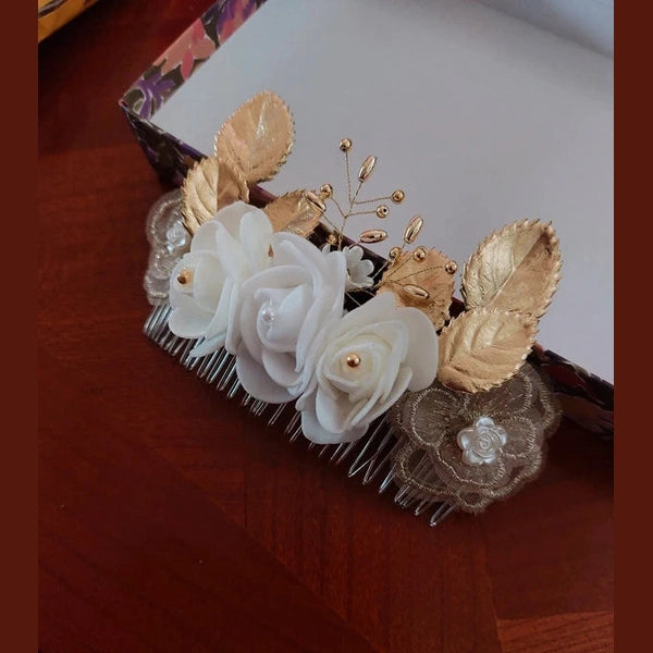 Peigne de Mariage Artisanal Fleurs Feuilles Dorées