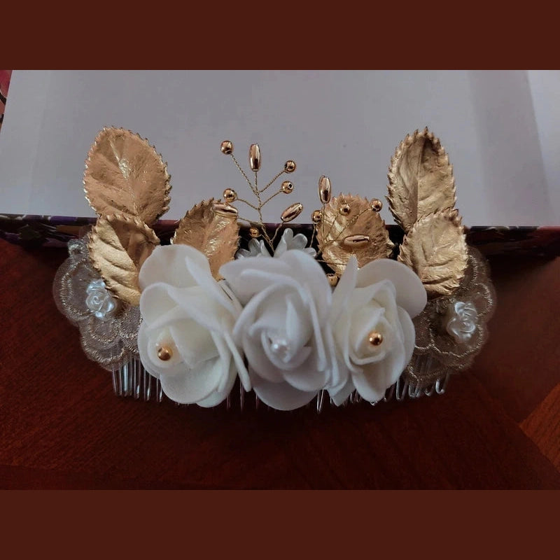 Peigne de Mariage Artisanal Fleurs Feuilles Dorées