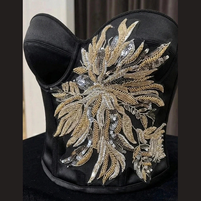 Grande Applique Brodée Sequins Dorés & Argent - 42cm -