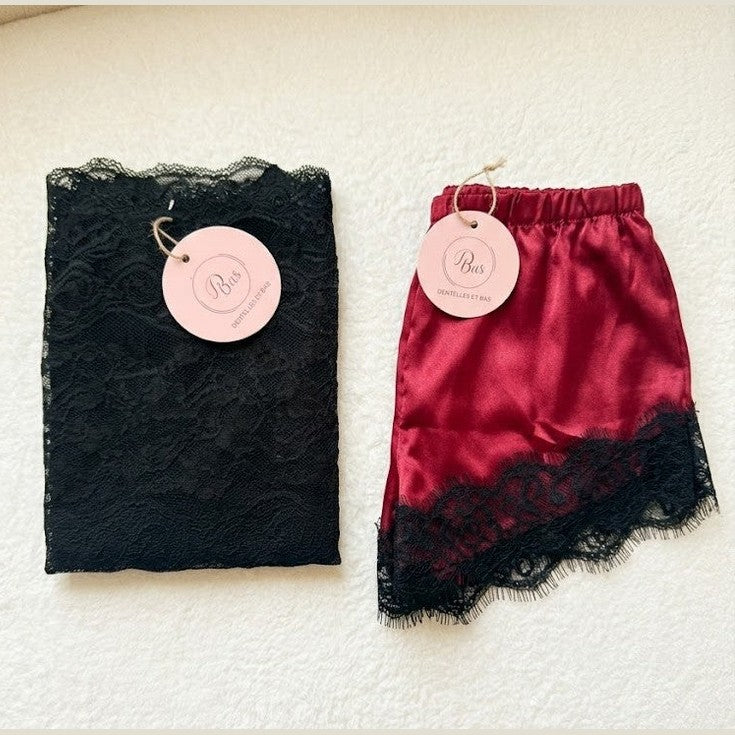 🌹Short de nuit satin rouge et noir et top